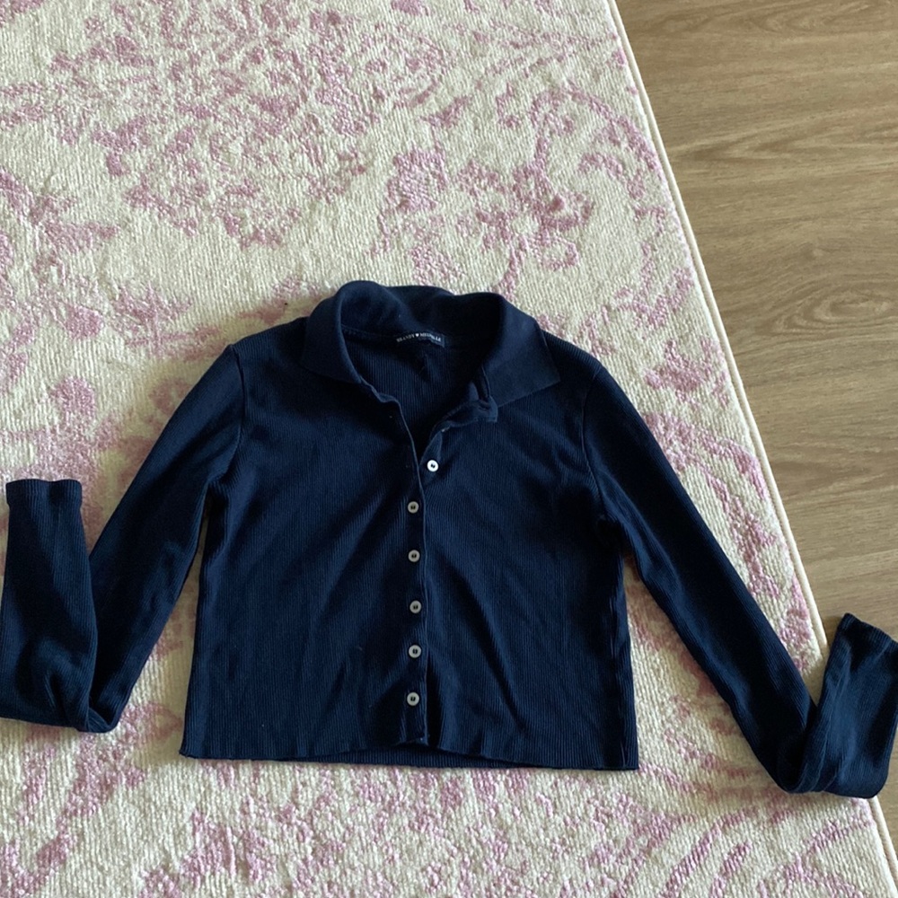 Brandy Melville Navy Blue Cropped Button Down Long Sleeve